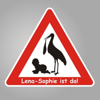 Schild zur Geburt, Dreieck mit Storch und Baby, mit Text ab 63 cm Seitenlänge