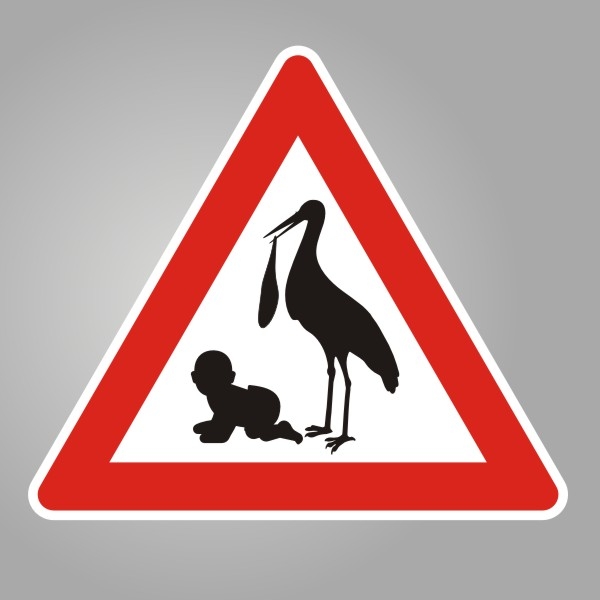Schild zur Geburt, Dreieck mit Storch und Baby, ab 63 cm Seitenlänge
